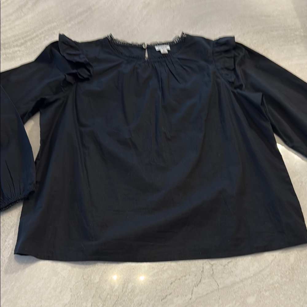 J Crew Black Ruffle Sleeve Top sz M
